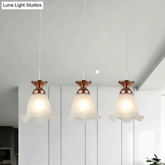 Opal Glass Hanging Ceiling Light - Scalloped Cluster Pendant With 3 Bulbs Traditional Copper/Bronze