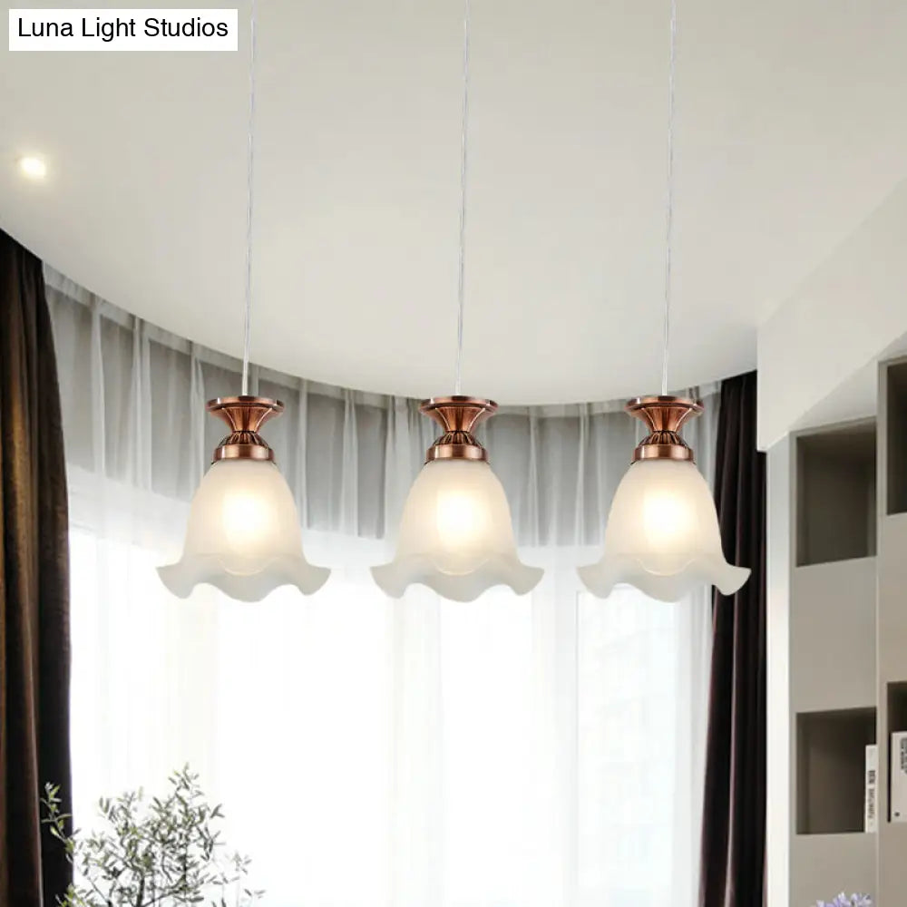 Opal Glass Hanging Ceiling Light - Scalloped Cluster Pendant With 3 Bulbs Traditional Copper/Bronze