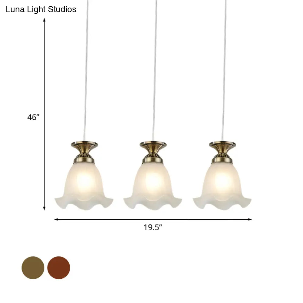 Opal Glass Hanging Ceiling Light - Scalloped Cluster Pendant With 3 Bulbs Traditional Copper/Bronze