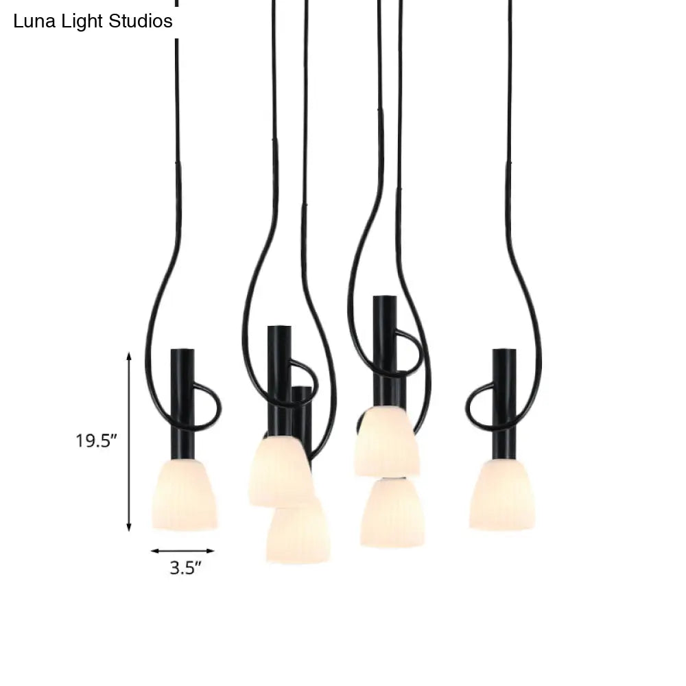 Opal Glass Hanging Lamp With Black Traditional Bud Clusters - 3/6 Head Pendant Round/Linear Canopy