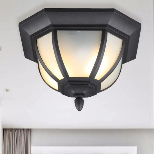 Opal Glass Industrial Flush Ceiling Light - Outdoor Black Mount With 2 Lights
