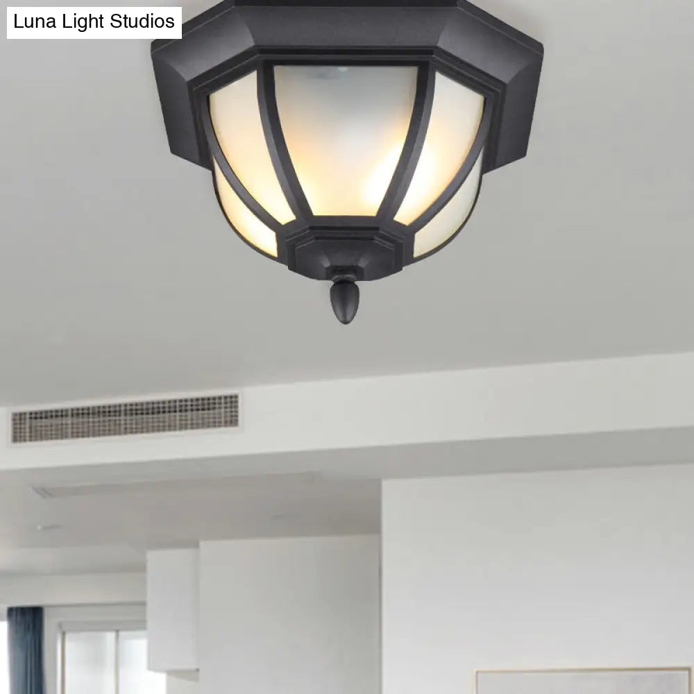 Opal Glass Industrial Flush Ceiling Light - Outdoor Black Mount With 2 Lights