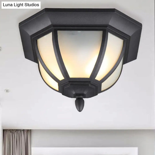 Opal Glass Industrial Flush Ceiling Light - Outdoor Black Mount With 2 Lights