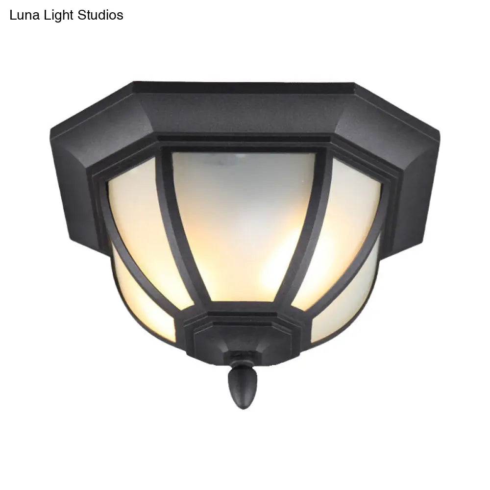 Opal Glass Industrial Flush Ceiling Light - Outdoor Black Mount With 2 Lights