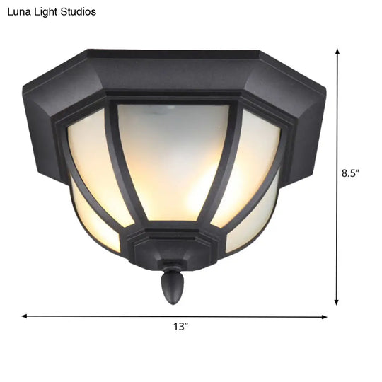 Opal Glass Industrial Flush Ceiling Light - Outdoor Black Mount With 2 Lights