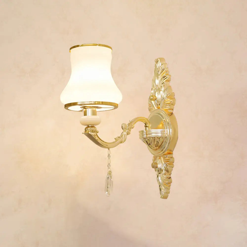 Opal Glass Wall Light: Classic Gold Fixture With Crystal Accent For Living Room 1 / E