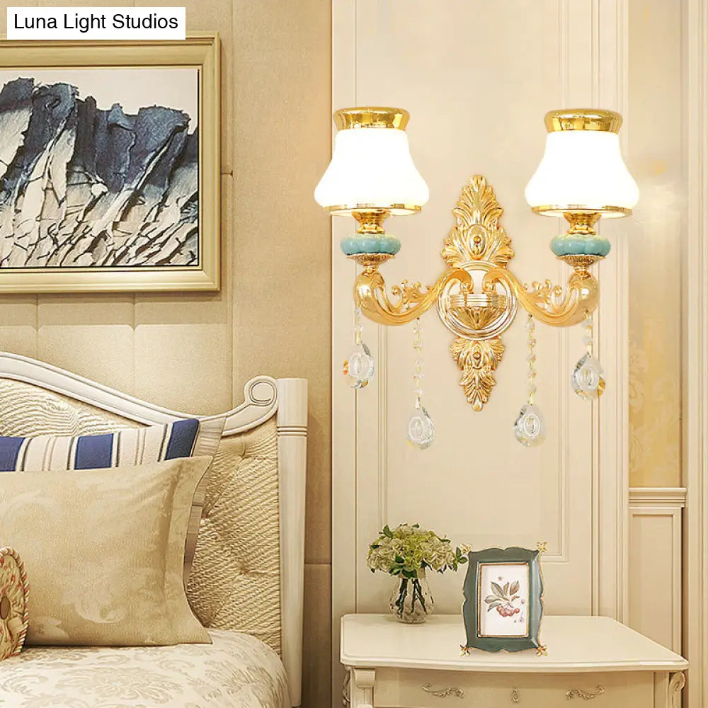 Opal Glass Wall Light: Classic Gold Fixture With Crystal Accent For Living Room