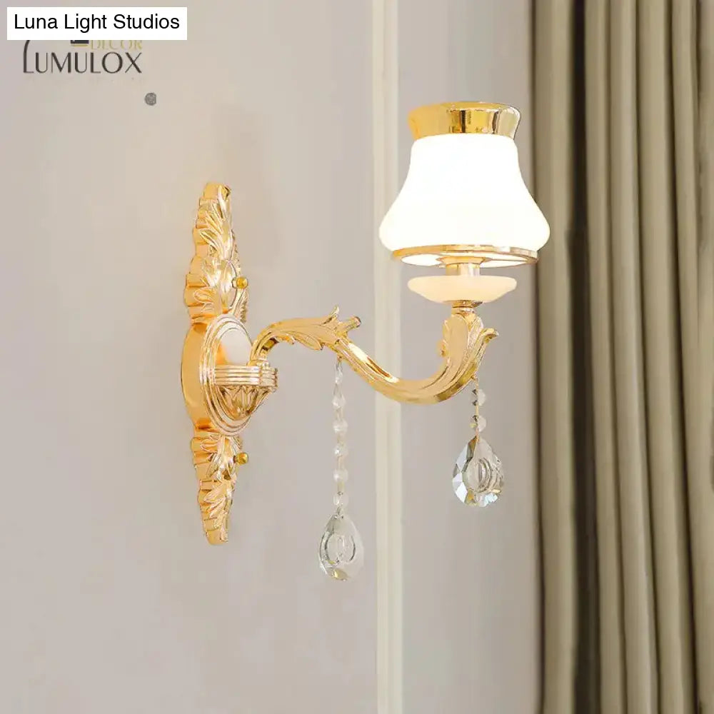 Opal Glass K9 Crystal Wall Light Classic Living Room Lighting Fixture With Accent In Gold