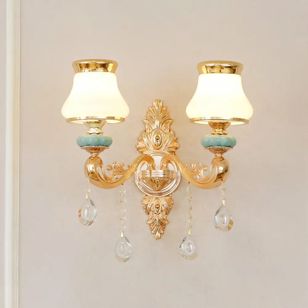 Opal Glass Wall Light: Classic Gold Fixture With Crystal Accent For Living Room 2 / A