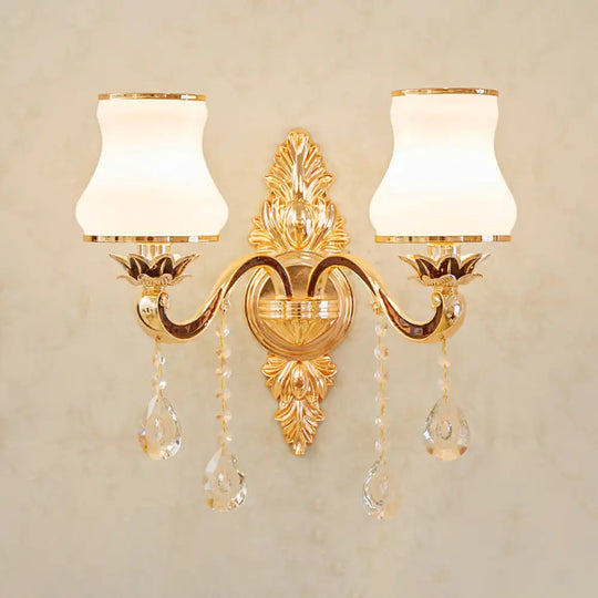 Opal Glass Wall Light: Classic Gold Fixture With Crystal Accent For Living Room 2 / C