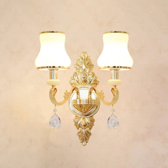 Opal Glass Wall Light: Classic Gold Fixture With Crystal Accent For Living Room 2 / D