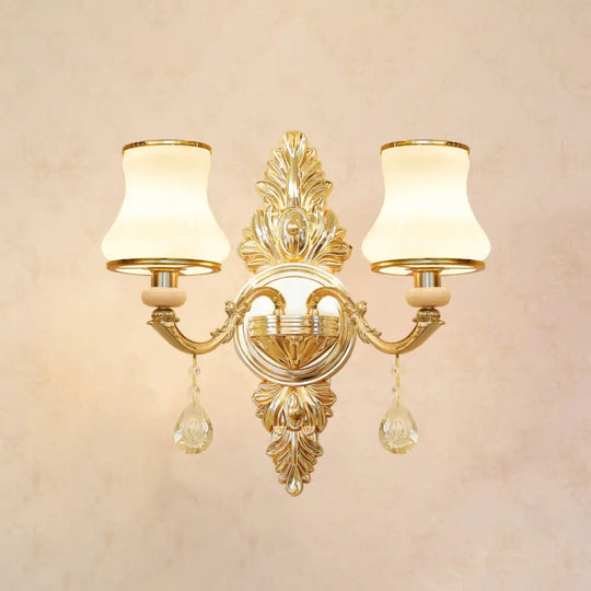 Opal Glass Wall Light: Classic Gold Fixture With Crystal Accent For Living Room 2 / E