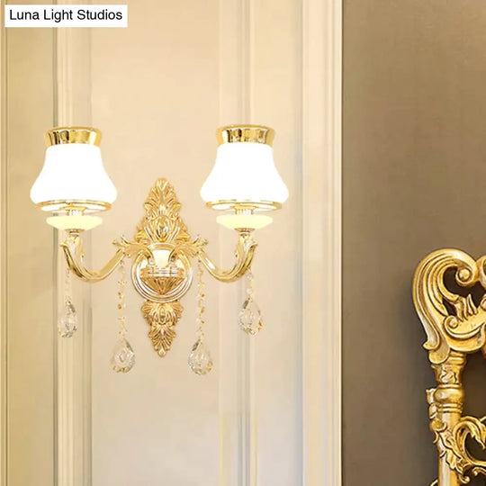 Opal Glass Wall Light: Classic Gold Fixture With Crystal Accent For Living Room