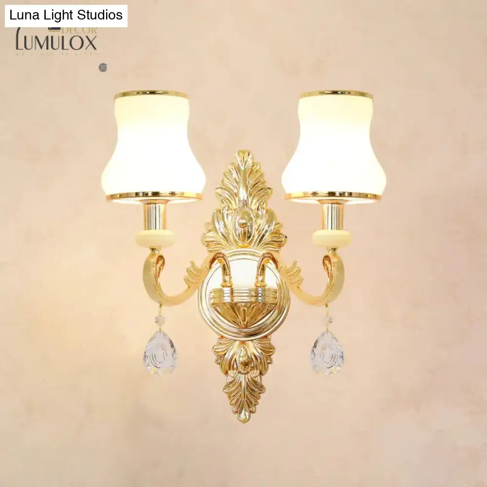 Opal Glass K9 Crystal Wall Light Classic Living Room Lighting Fixture With Accent In Gold