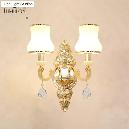 Opal Glass K9 Crystal Wall Light Classic Living Room Lighting Fixture With Accent In Gold