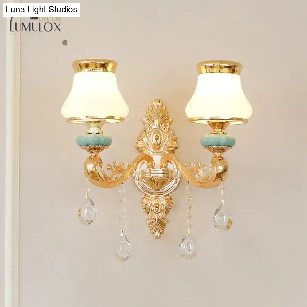 Opal Glass K9 Crystal Wall Light Classic Living Room Lighting Fixture With Accent In Gold