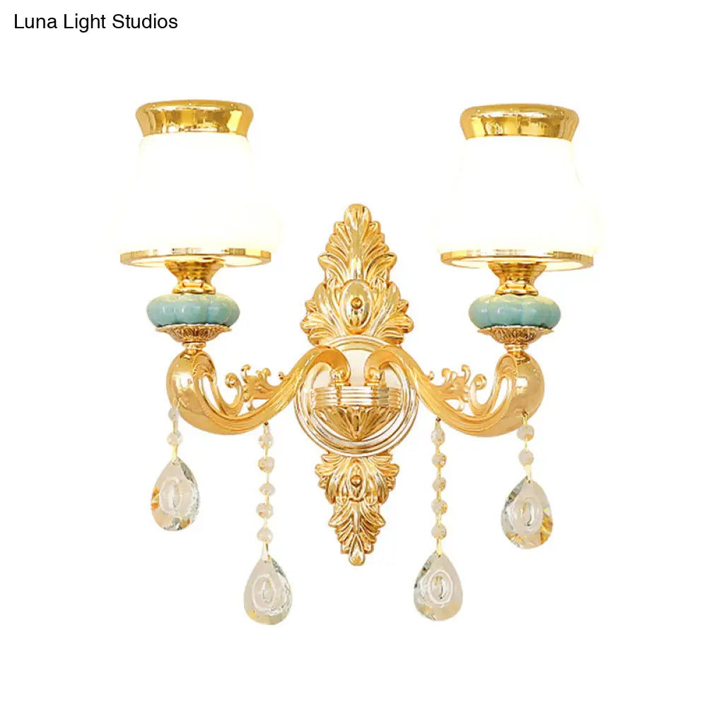 Opal Glass Wall Light: Classic Gold Fixture With Crystal Accent For Living Room