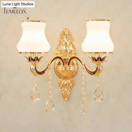 Opal Glass K9 Crystal Wall Light Classic Living Room Lighting Fixture With Accent In Gold