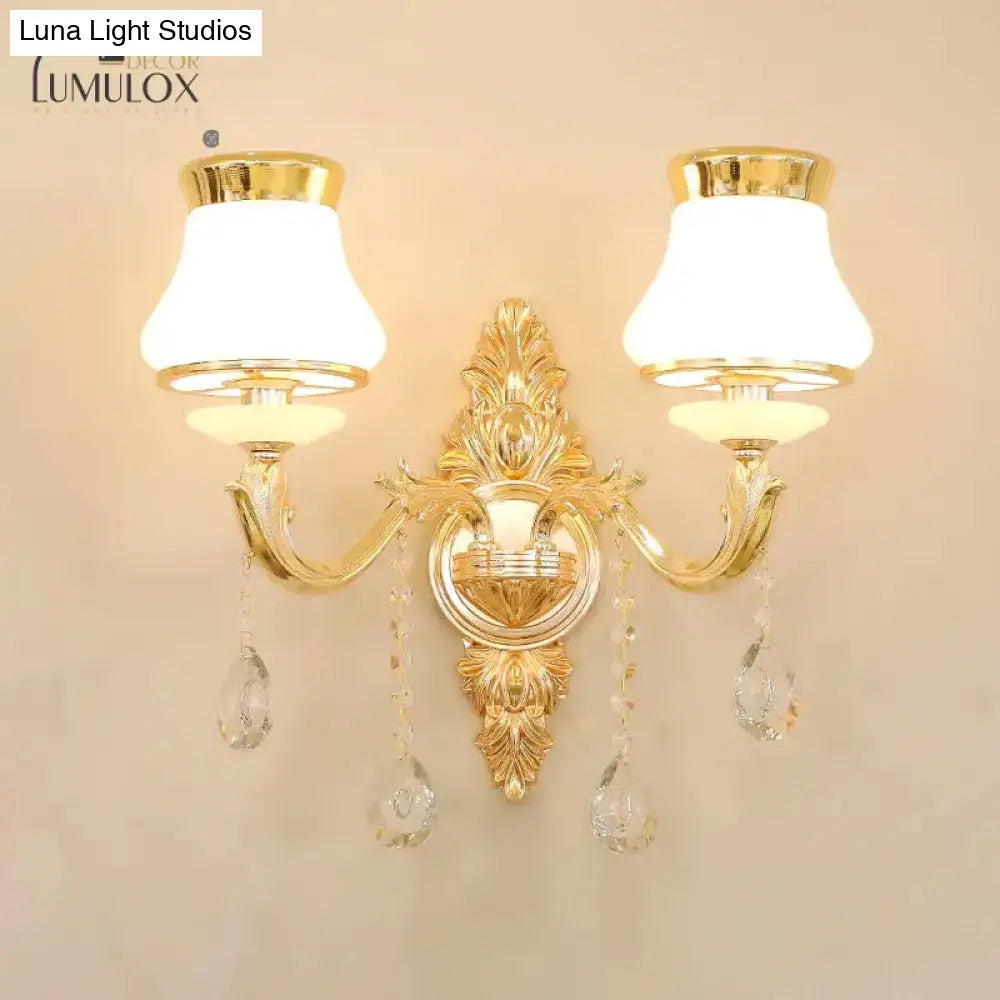 Opal Glass K9 Crystal Wall Light Classic Living Room Lighting Fixture With Accent In Gold