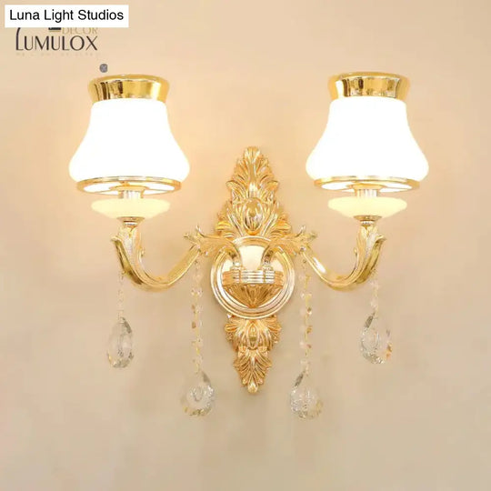 Opal Glass K9 Crystal Wall Light Classic Living Room Lighting Fixture With Accent In Gold