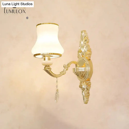 Opal Glass K9 Crystal Wall Light Classic Living Room Lighting Fixture With Accent In Gold