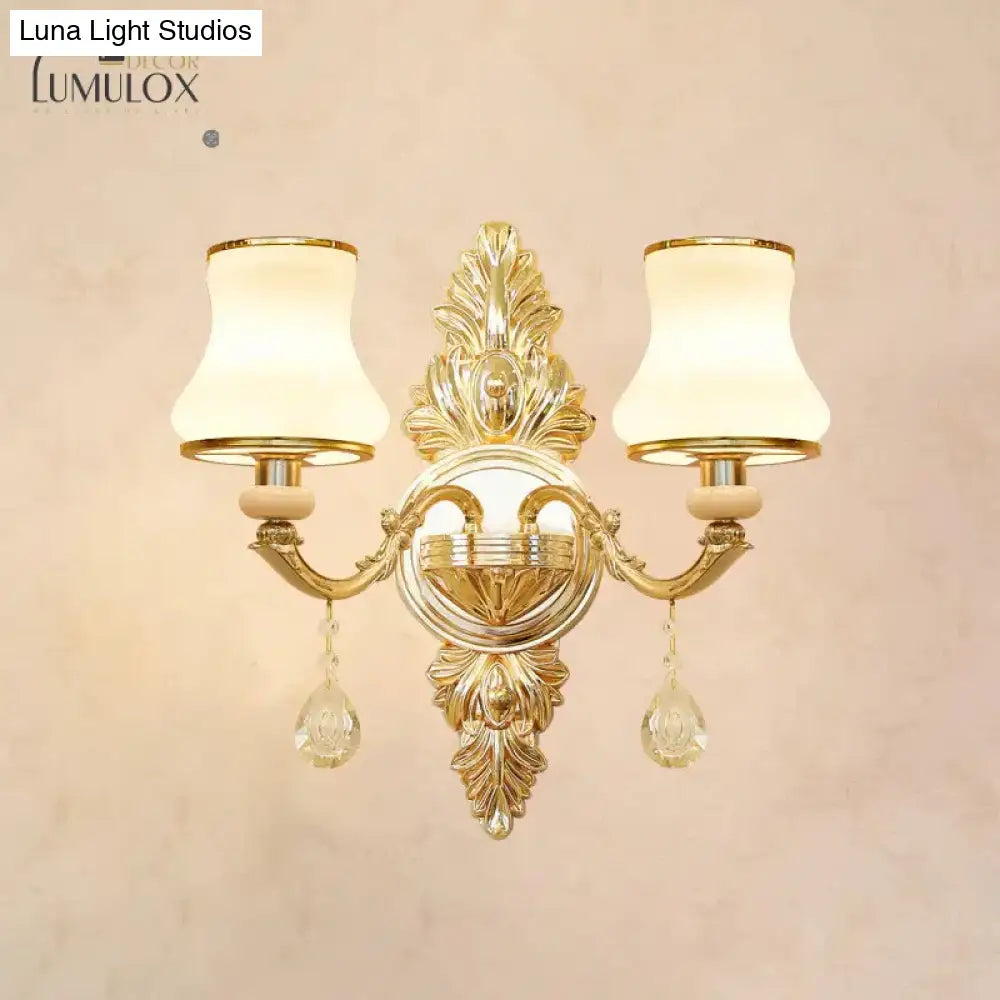 Opal Glass K9 Crystal Wall Light Classic Living Room Lighting Fixture With Accent In Gold