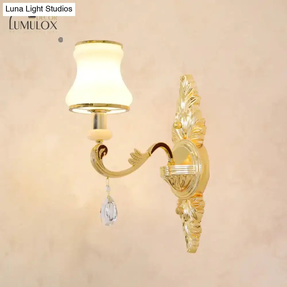 Opal Glass K9 Crystal Wall Light Classic Living Room Lighting Fixture With Accent In Gold