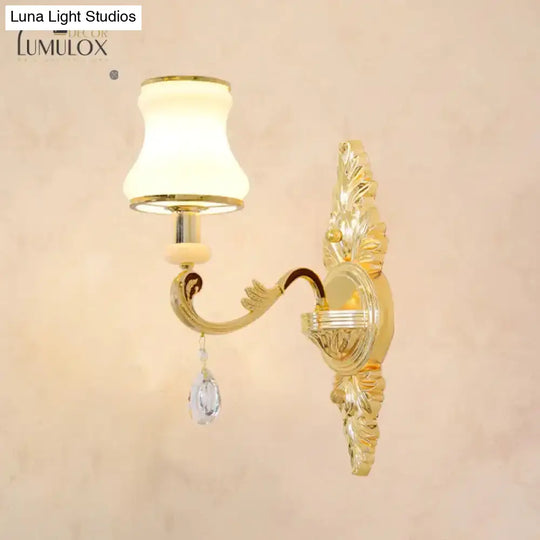 Opal Glass K9 Crystal Wall Light Classic Living Room Lighting Fixture With Accent In Gold