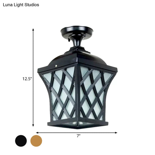 Opal Glass Lantern Semi Flush Mount Country Balcony Light In Black/Bronze - Metal X-Frame 1 Bronze
