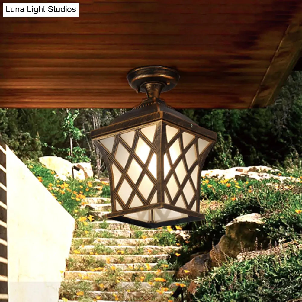 Opal Glass Lantern Semi Flush Mount Country Balcony Light In Black/Bronze - Metal X - Frame 1