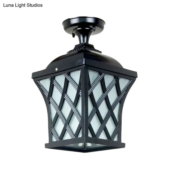 Opal Glass Lantern Semi Flush Mount Country Balcony Light In Black/Bronze - Metal X-Frame 1