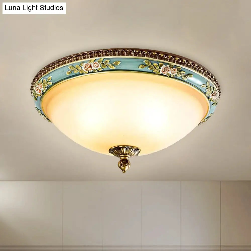 Opal Glass Led Ceiling Fixture With Carved Flower Design And Blue Flush Mount - Warm/White/3 Color