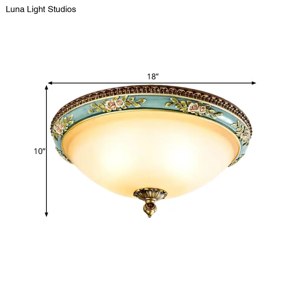 Opal Glass Led Ceiling Fixture With Carved Flower Design And Blue Flush Mount - Warm/White/3 Color