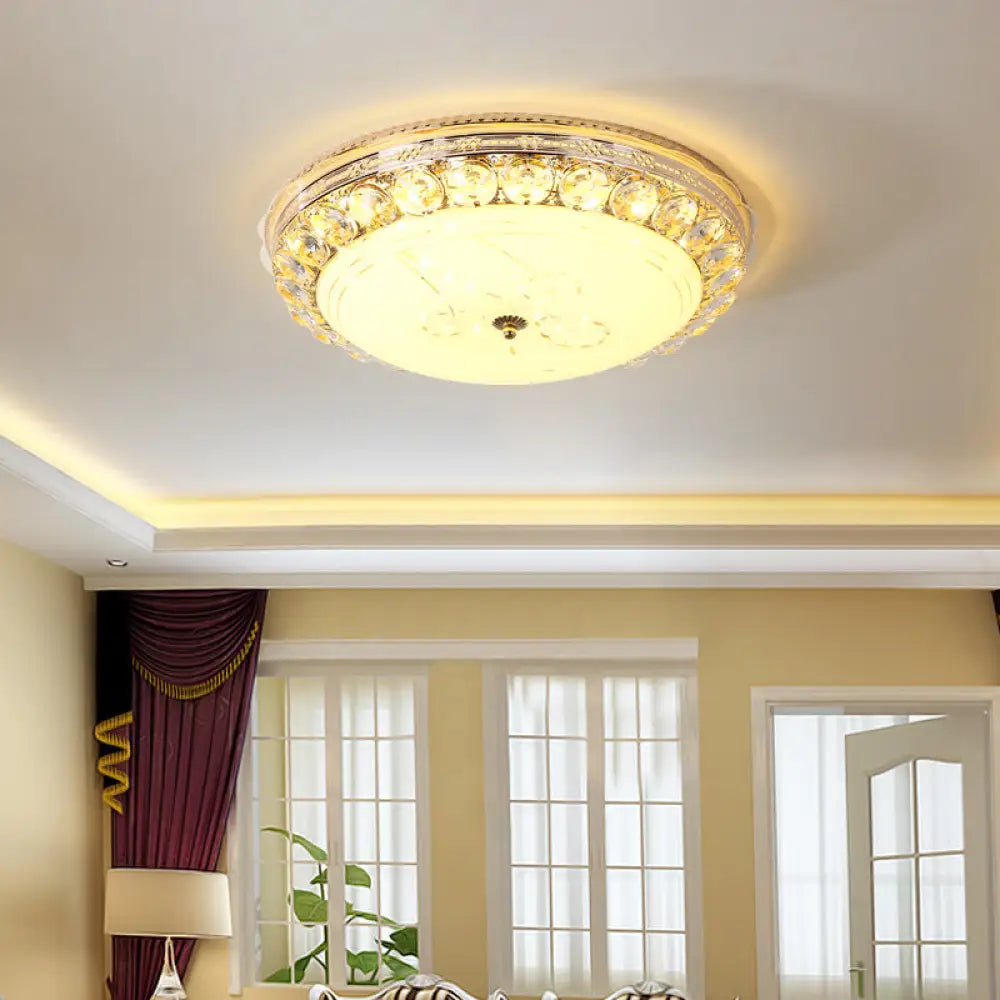 Opal Glass Led Ceiling Light With Crystal Accent In Modern Bowl Design White / Round