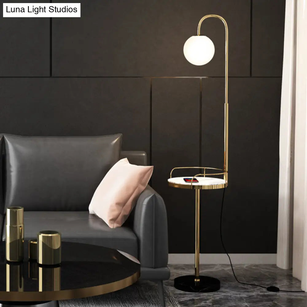 Opal Glass Minimalist Ball Floor Lamp: 1-Light Living Room Standing Light With Guardrail