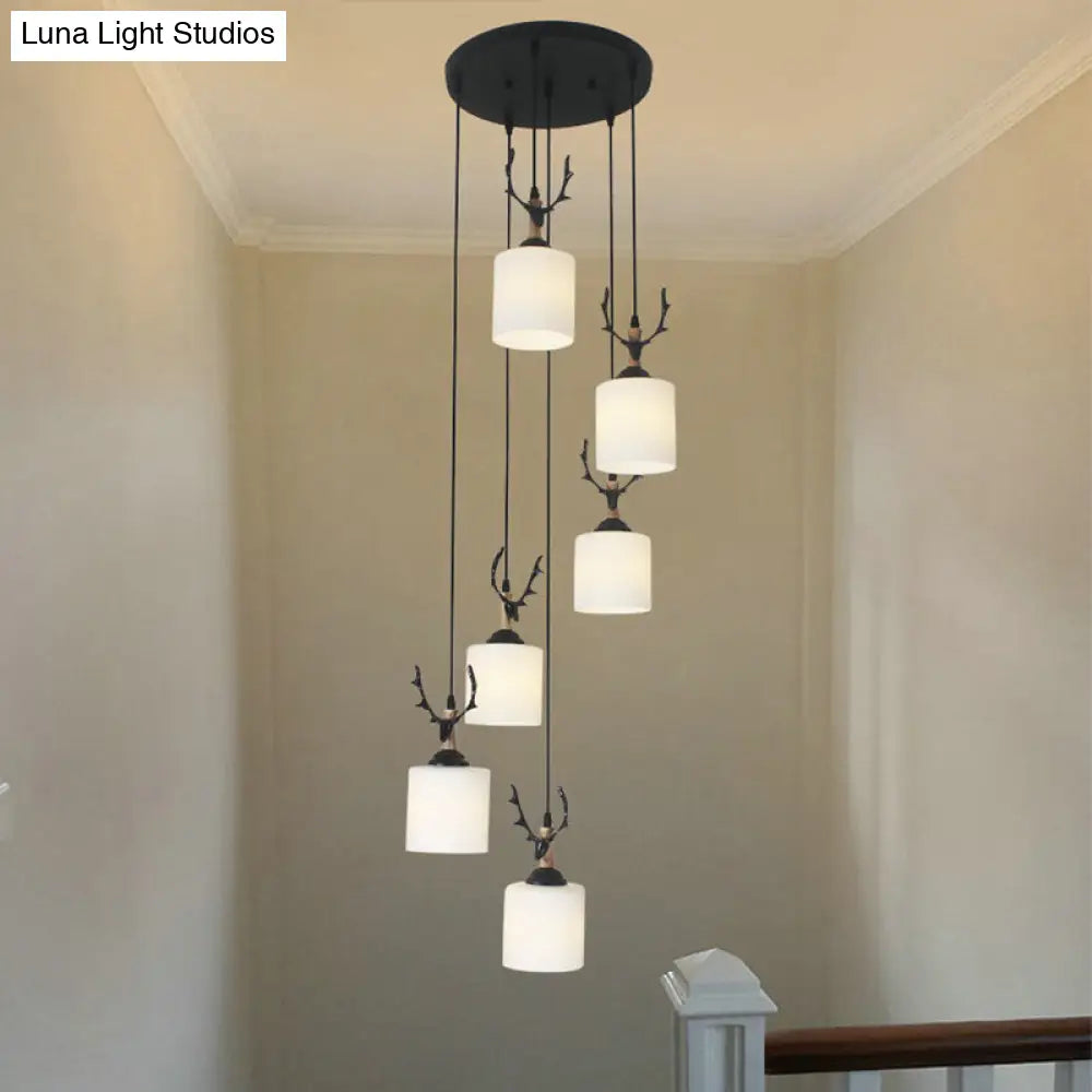 Opal Glass Stairs Pendulum Light: Modernist Cylinder Cluster Pendant In Black 6 / White C