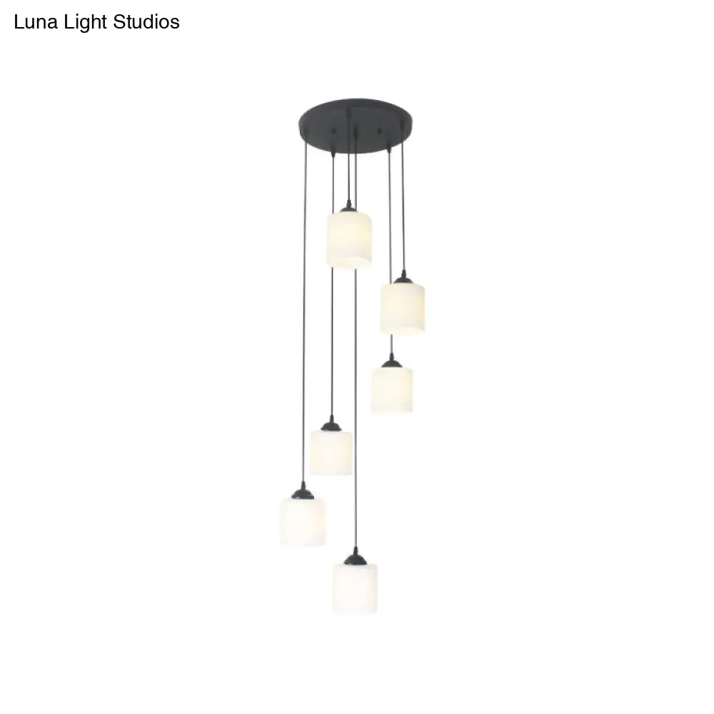 Opal Glass Modern Cylinder Pendant Light With Black Canopy For Stairs