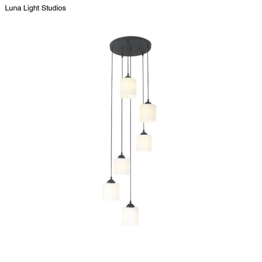 Opal Glass Modern Cylinder Pendant Light With Black Canopy For Stairs