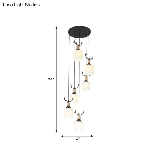 Opal Glass Stairs Pendulum Light: Modernist Cylinder Cluster Pendant In Black