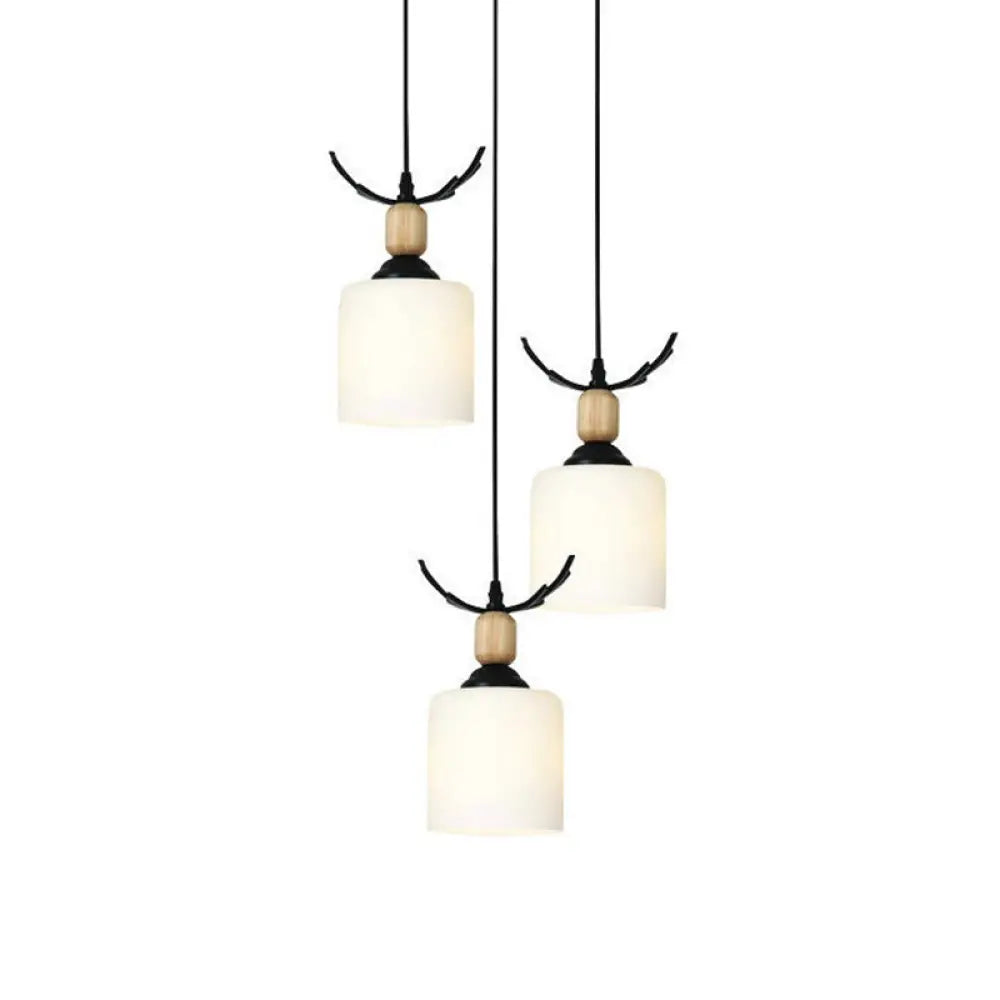 Opal Glass Modern Cylinder Pendant Light With Black Canopy For Stairs 3 / White B