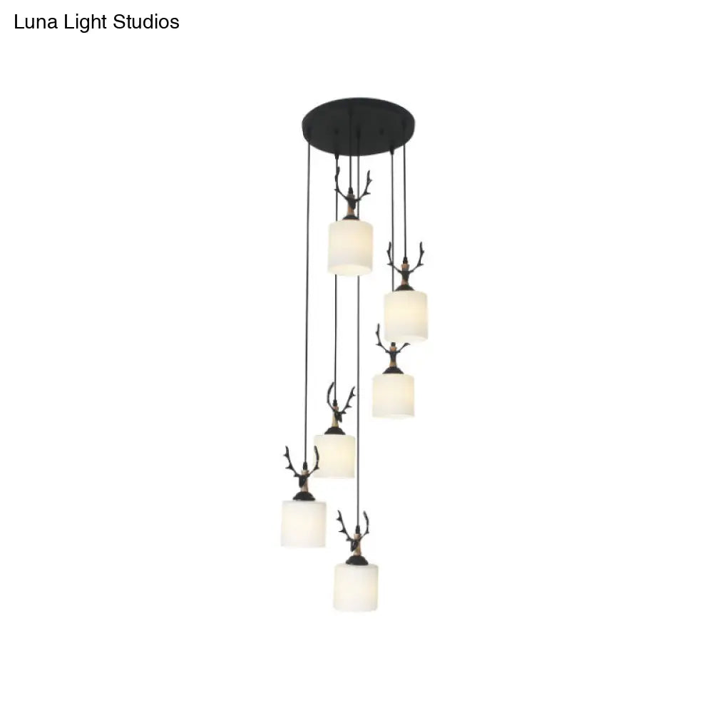 Opal Glass Modern Cylinder Pendant Light With Black Canopy For Stairs