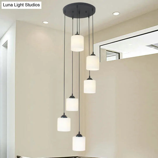 Opal Glass Modern Cylinder Pendant Light With Black Canopy For Stairs