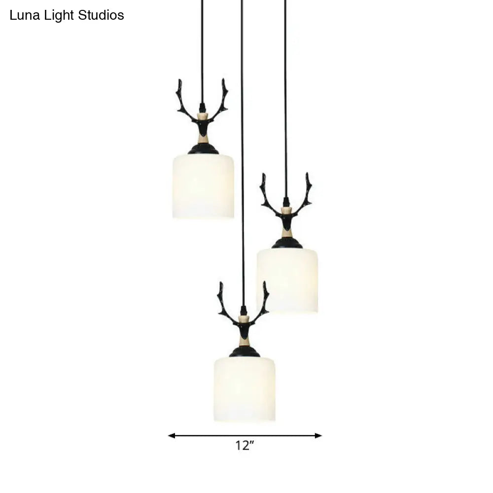 Opal Glass Stairs Pendulum Light: Modernist Cylinder Cluster Pendant In Black