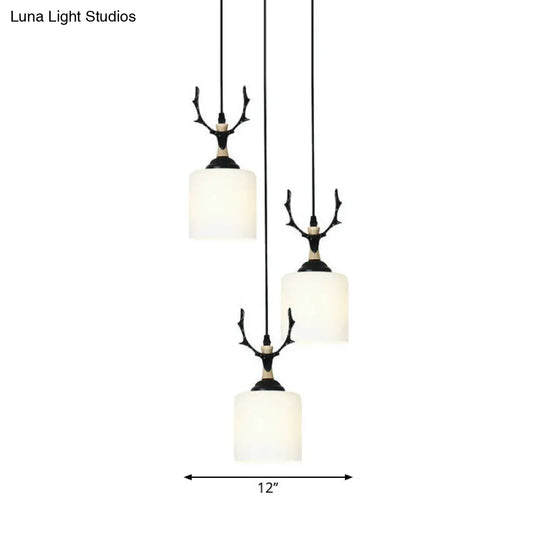 Opal Glass Stairs Pendulum Light: Modernist Cylinder Cluster Pendant In Black