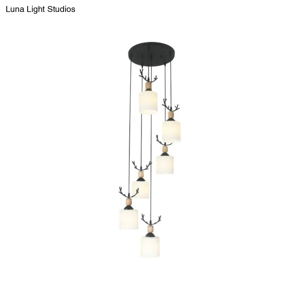 Opal Glass Stairs Pendulum Light: Modernist Cylinder Cluster Pendant In Black