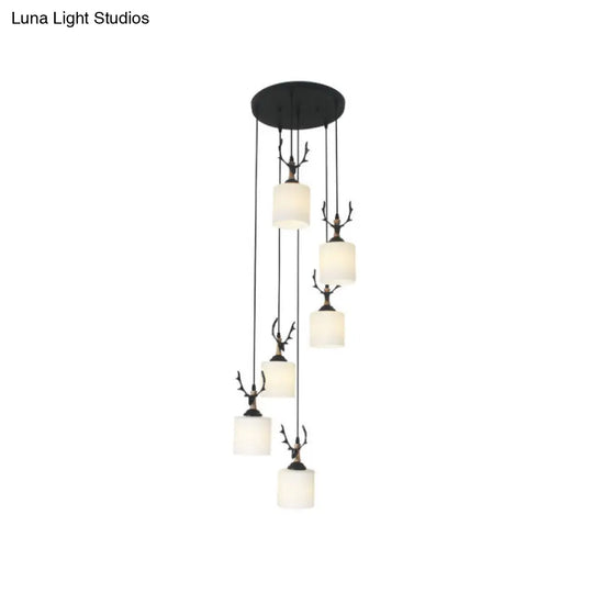 Opal Glass Stairs Pendulum Light: Modernist Cylinder Cluster Pendant In Black