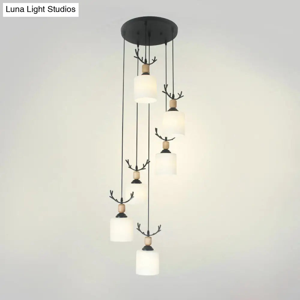 Opal Glass Stairs Pendulum Light: Modernist Cylinder Cluster Pendant In Black