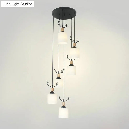 Opal Glass Stairs Pendulum Light: Modernist Cylinder Cluster Pendant In Black