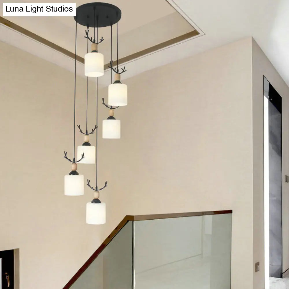 Opal Glass Stairs Pendulum Light: Modernist Cylinder Cluster Pendant In Black