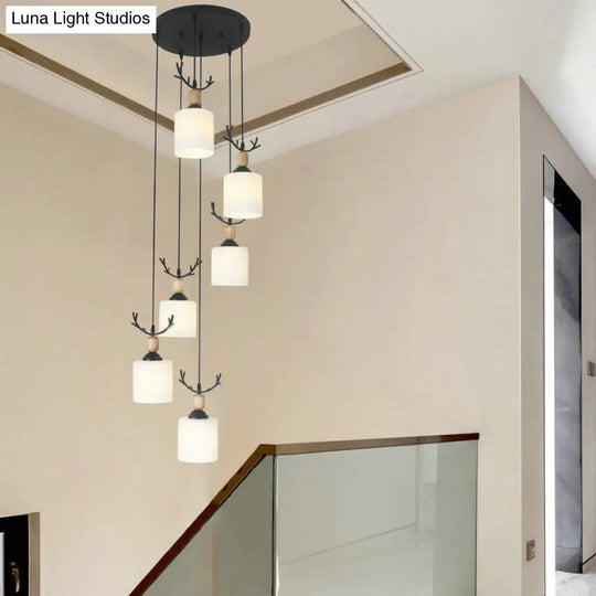 Opal Glass Stairs Pendulum Light: Modernist Cylinder Cluster Pendant In Black